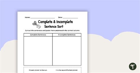 Complete And Incomplete Sentence Sort Worksheet Teach Starter