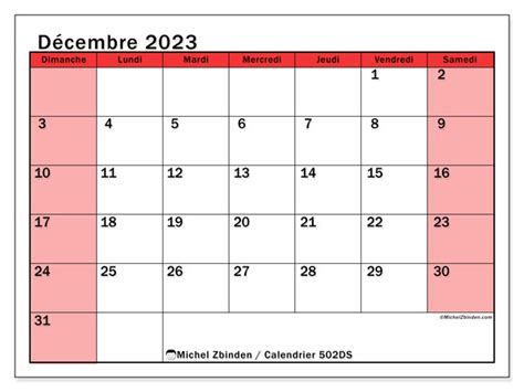 Calendrier Décembre 2023 Économique Rouge Ds Michel Zbinden Fr