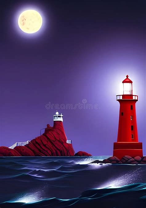 Illustration Of A Majestic Red Lighthouse On A Rocky Cliff In A Full
