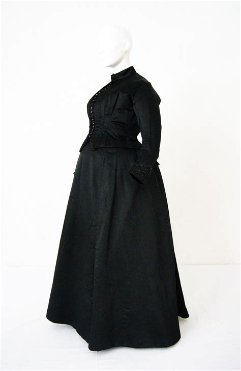 C 1889 Maternity Mourning Dress In Thick Satin With Black Stones