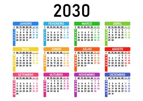 Calendário 2030 Vetor Calendarios365su