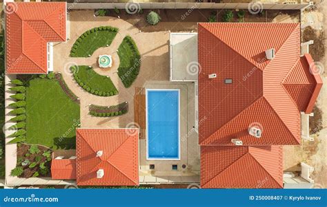 Top View Of Suburban House With Pool Green Garden And Terrace Large