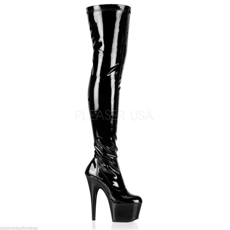 adore 3000 glossy black stretch over the knee platform thigh boot 7 heels direct heels