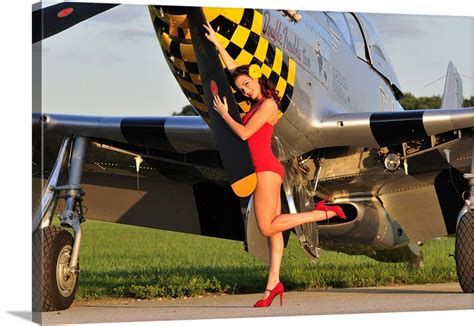 1940s Style Pin Up Girl Posing With A P 51 Mustang Wall Art Canvas