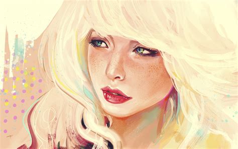 Wallpaper Face Drawing Illustration Women Portrait Blonde Anime Artwork Freckles