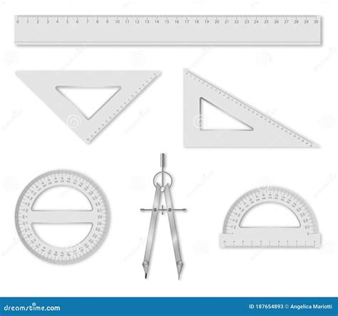 Set Of Isolated Geometry Items Ruler Set Squares Protractors And