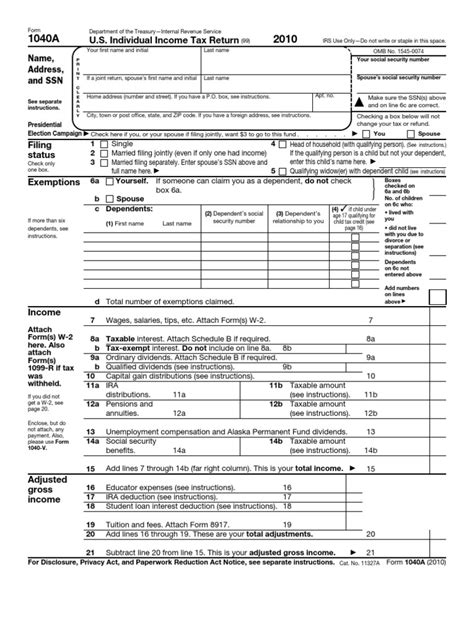 2010 1040a Federal Tax Form Irs Tax Forms Tax Deduction