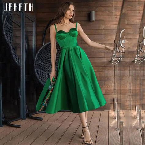 Jeheth Sweetheart Short Green Satin Evening Dresses Formal Spaghetti