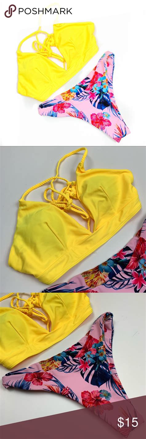 Zaful Yellow Braid Strap Floral High Leg Bikini High Leg Bikini