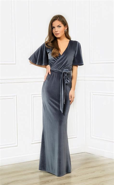 Grey Velvet Maxi Dress Wrap Neckline Flutter Sleeves Sash Etsy In