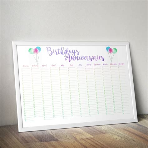 Birthday Calendar Printable Calendar Perpetual Calendar Etsy