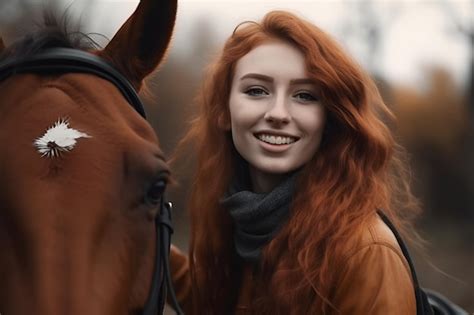 Premium Ai Image Beautiful Redhead Girl Smiling On A Horse