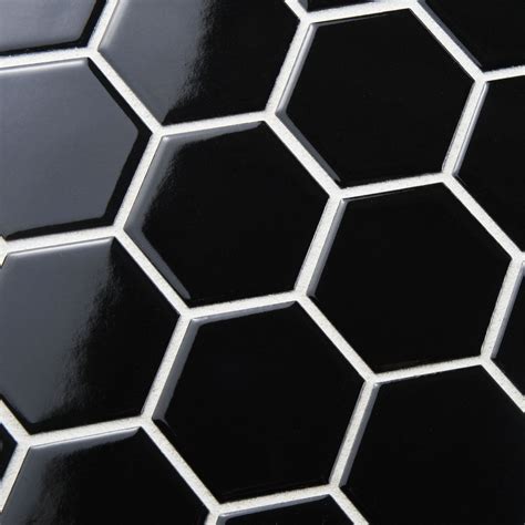 Elitetile Retro 2 X 2 Hex Porcelain Mosaic Tile In Glossy Black