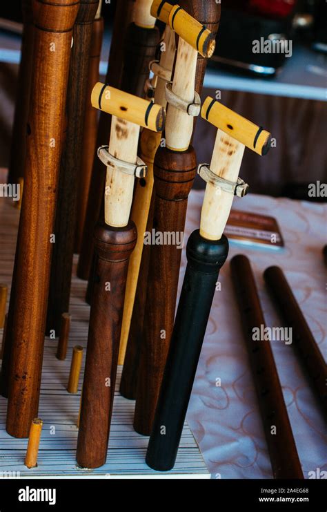 Dozens Of Handmade Wooden Flutes In The View Stock Photo Alamy