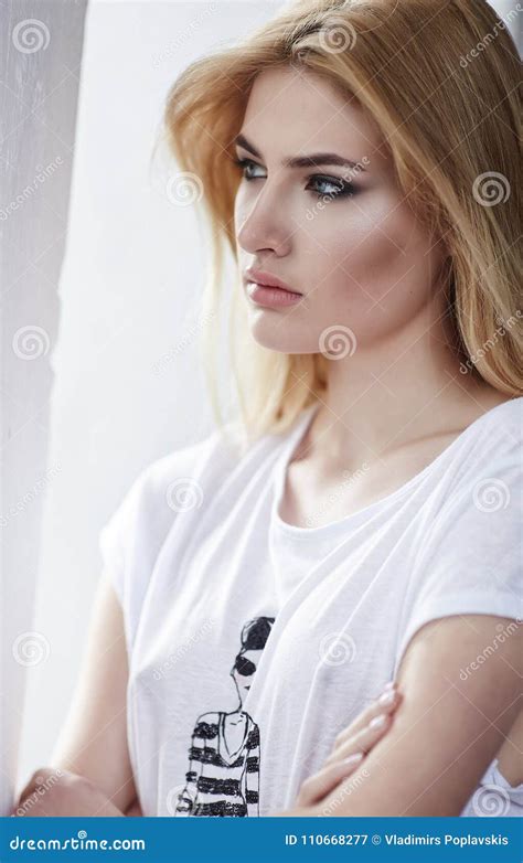 Blond Female In A White T Shirt Stock Image Image Of Eyes Beautiful