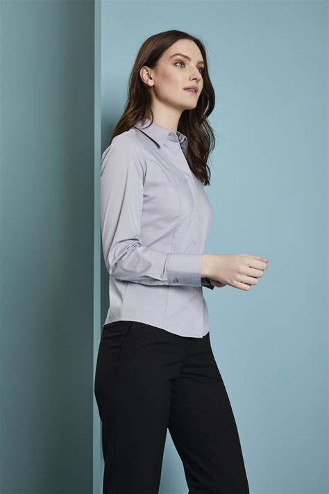 Women S Polycotton Long Sleeve Modern Fit Shirt With Stretch Pale Grey