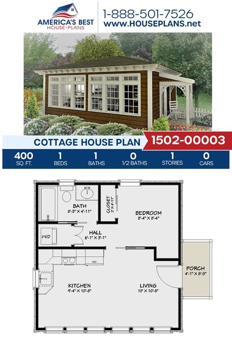 Browse our collection of plans & purchase online here! House Plan 1502-00003 - Cottage Plan: 400 Square Feet, 1 Bedroom, 1 Bathroom in 2020 | Cottage ...