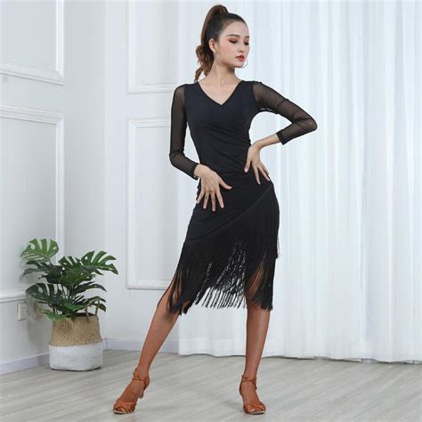 Buy Latin Dance Dress Short Sleeve Latin Dance Tassel One Piece Dress For Women Female Ballroom
