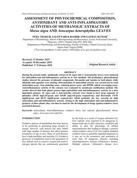 pdf assessment of phytochemical composition antioxidant and anti inflammatory activities of