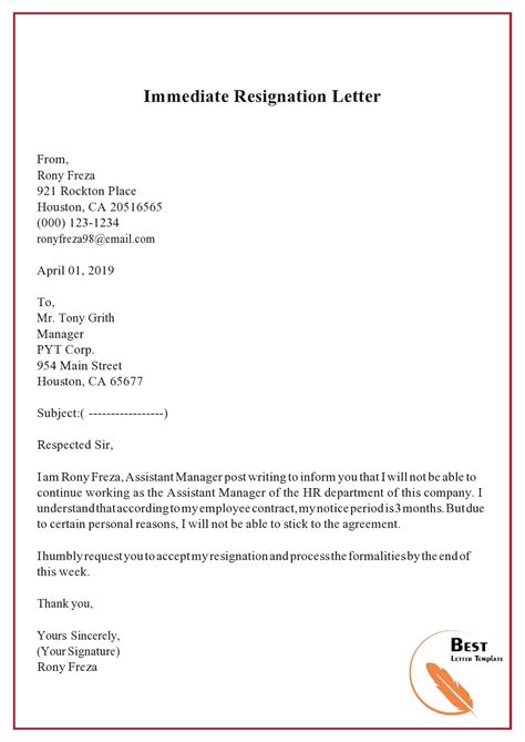 Resignation Letter With Reason Sample Template In Pdf Word