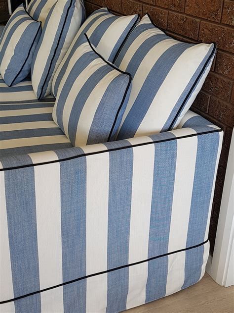 Custom Hamptons Striped Sofa3 Seater Lounge Blue Denim White Stripe