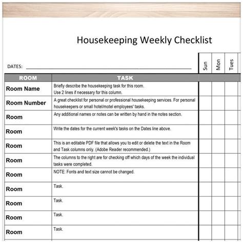 Housekeeping Weekly Checklist Cleaning Services Editable Room And Ta