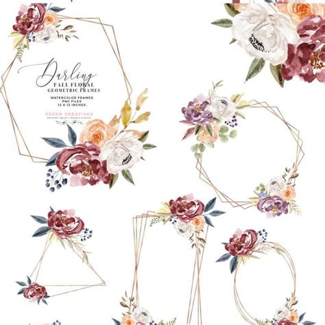 Fall Floral Watercolor Clipart Burgundy Rose Gold Geometric Floral Frames
