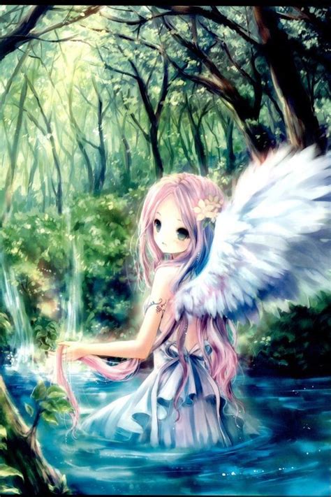 Angel Girl Anime Forrest Woods Lake Pond Art