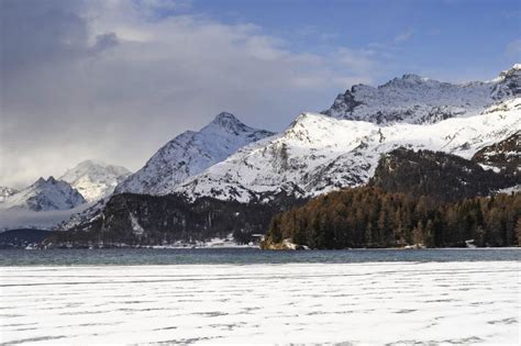 Engadin Valley In Switzerland Sils Maria Village With Snow On Alp