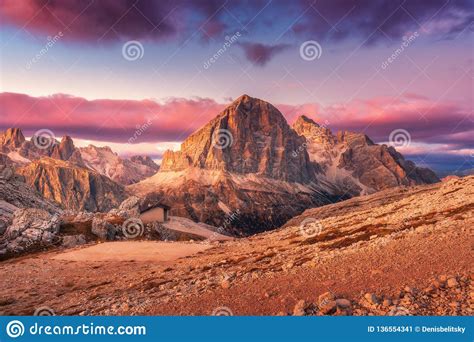 Mountains At Sunset In Dolomites Italy Landscape Stock