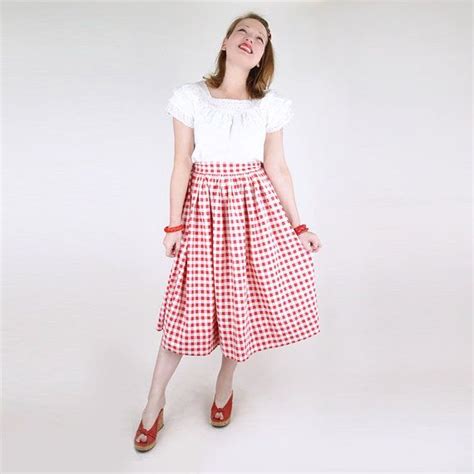 50s Red And White Gingham Check Cotton Full Skirt S Etsy Gingham