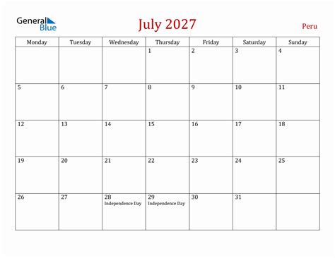July 2027 Peru Monthly Calendar With Holidays