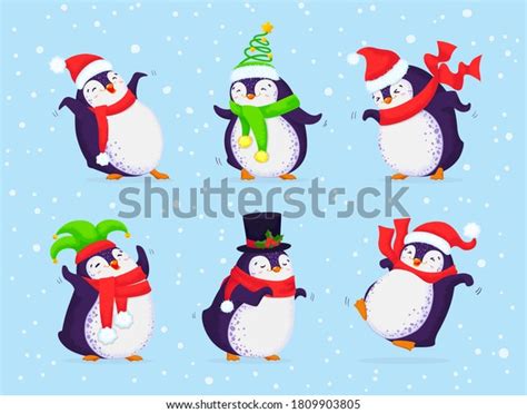 Set Cute Dancing Penguins On Blue Stock Vector Royalty Free
