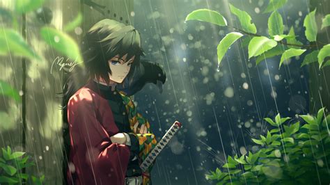 Demon Slayer Giyuu Tomioka Standing On Rain Around Plants Hd Anime