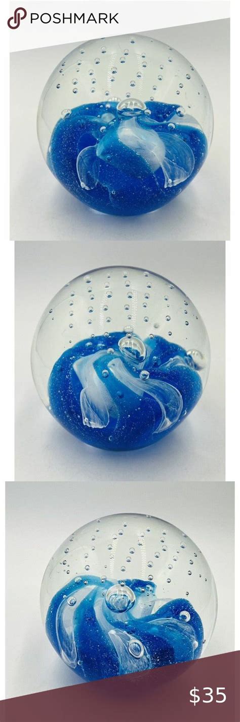 Hand Blown Blue Wave Controlled Bubble Round Art Glass Paperweight