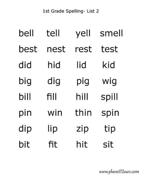 1st Grade Spelling Words Master List