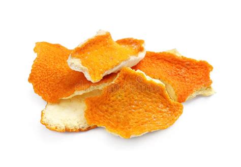 Pile Of Dry Orange Peels On White Background Top View Stock Photo