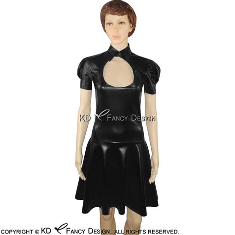 Black Sexy Short Sleeves Pleated Latex Dress With Front Open Zipper
