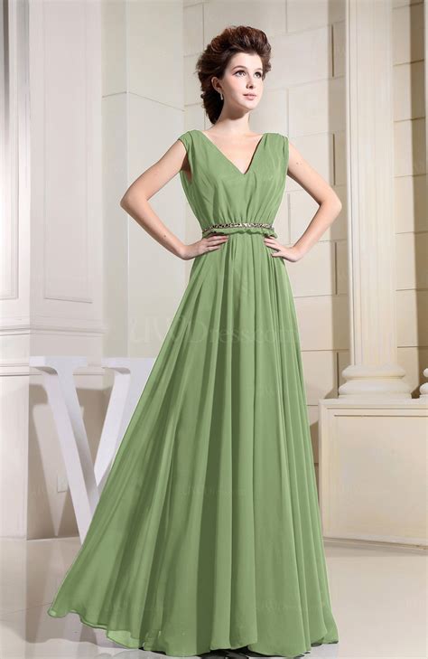 Sage Green Casual V Neck Sleeveless Chiffon Pleated Bridesmaid Dresses