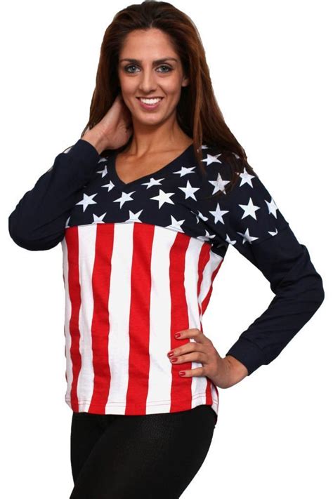 Womens Juniors Usa Flag V Neck Long Sleeve Shirt Stars And Stripes