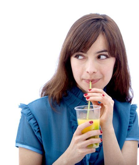 Woman Portrait Drinking Through A Straw Isolated Freestock Photos