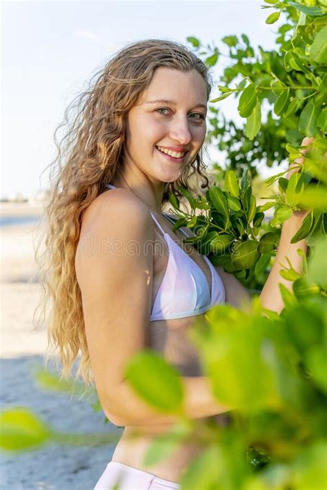 Lovely Blonde Bikini Model Posing Outdoors On A Caribbean Beach Stock Image Image Of Lifestyle