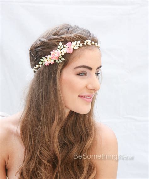 Pink Flower Crown With Green Leaves And Pearls Be Something New