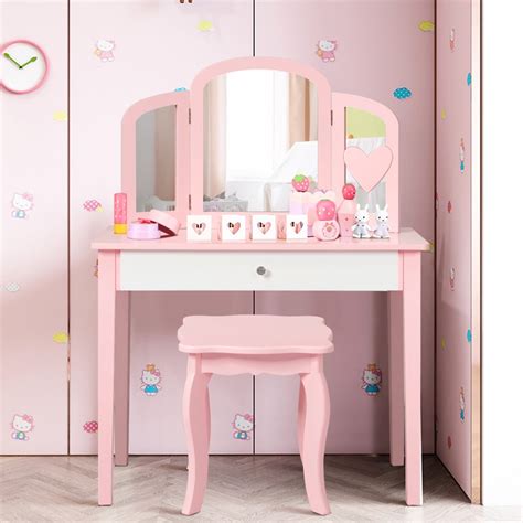 Costway Kids Vanity Set Princess Makeup Dressing Play Table Set W