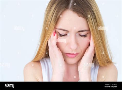 Emotion Face Headache Fatigue Tired Woman Temples Stock Photo Alamy