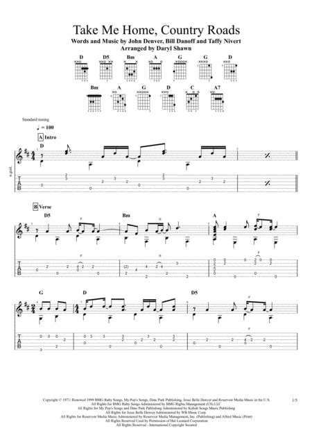 Take Me Home Country Roads For Solo Fingerstyle Guitar Music Sheet
