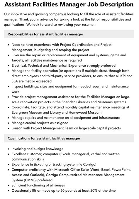 Assistant Facilities Manager Job Description Velvet Jobs