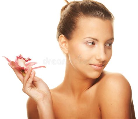 Girl Holding Orchid Flower In Her Hands Stock Image Image Of Hair