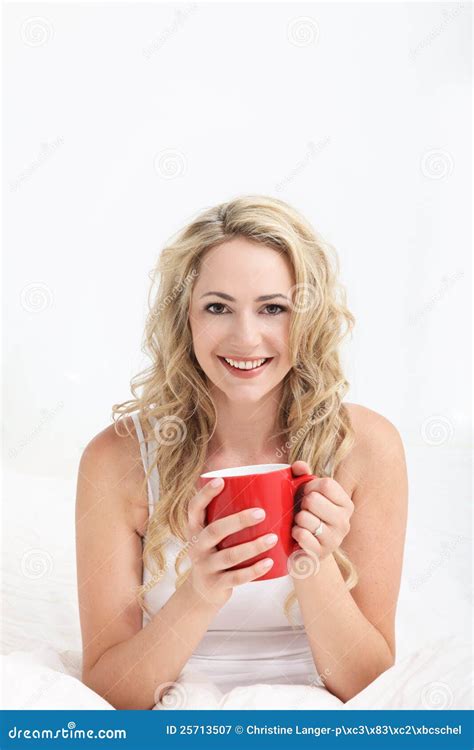 Enjoying A Mug Of Coffee In Bed Stock Image Image Of Blonde Bedroom