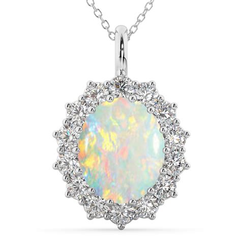 Oval Opal Diamond Halo Pendant Necklace K White Gold Ct Ad